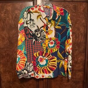 Johnny Was Silk Colorful Floral Button-Up Blouse